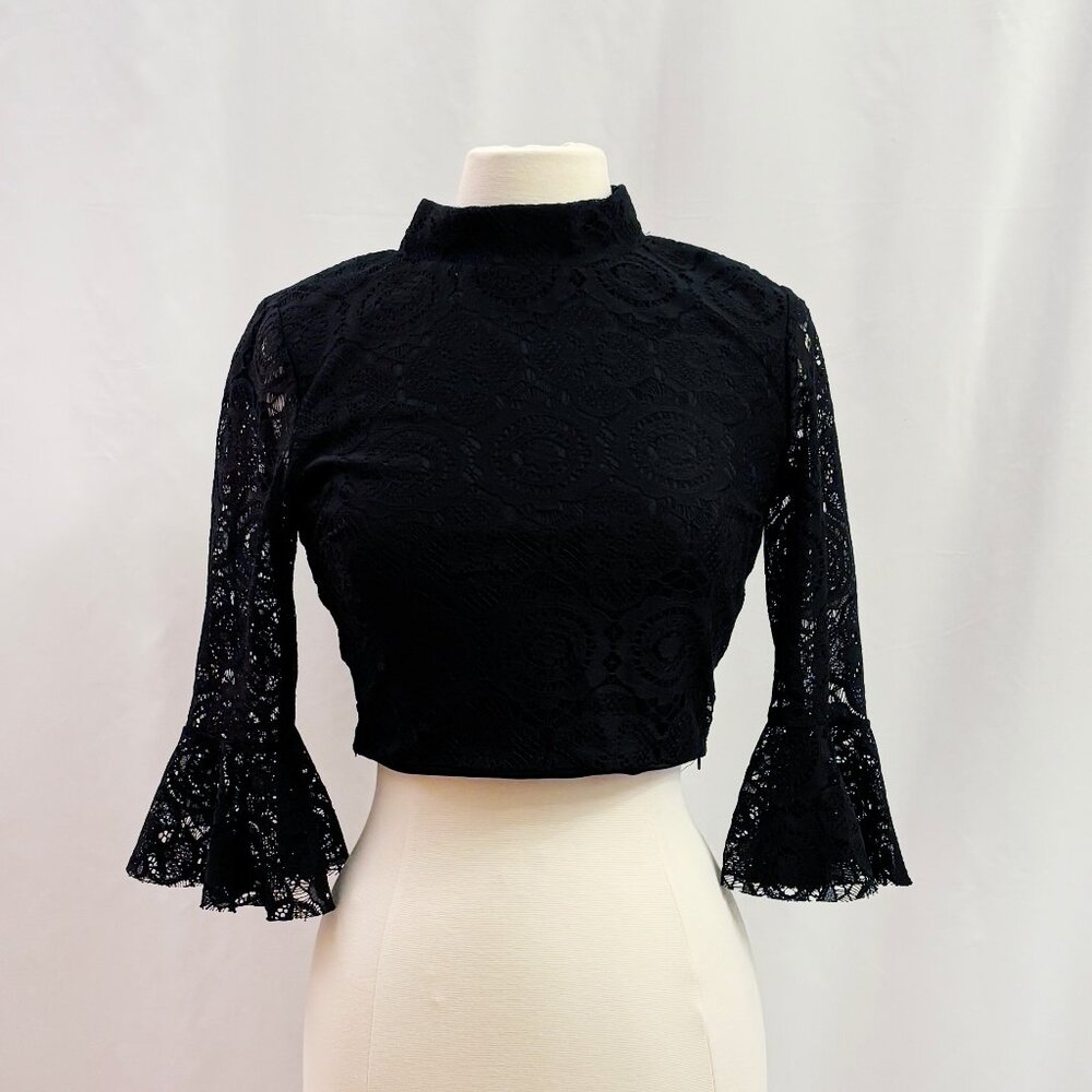 Black cropped bell sleeve lace mock turtleneck top size medium